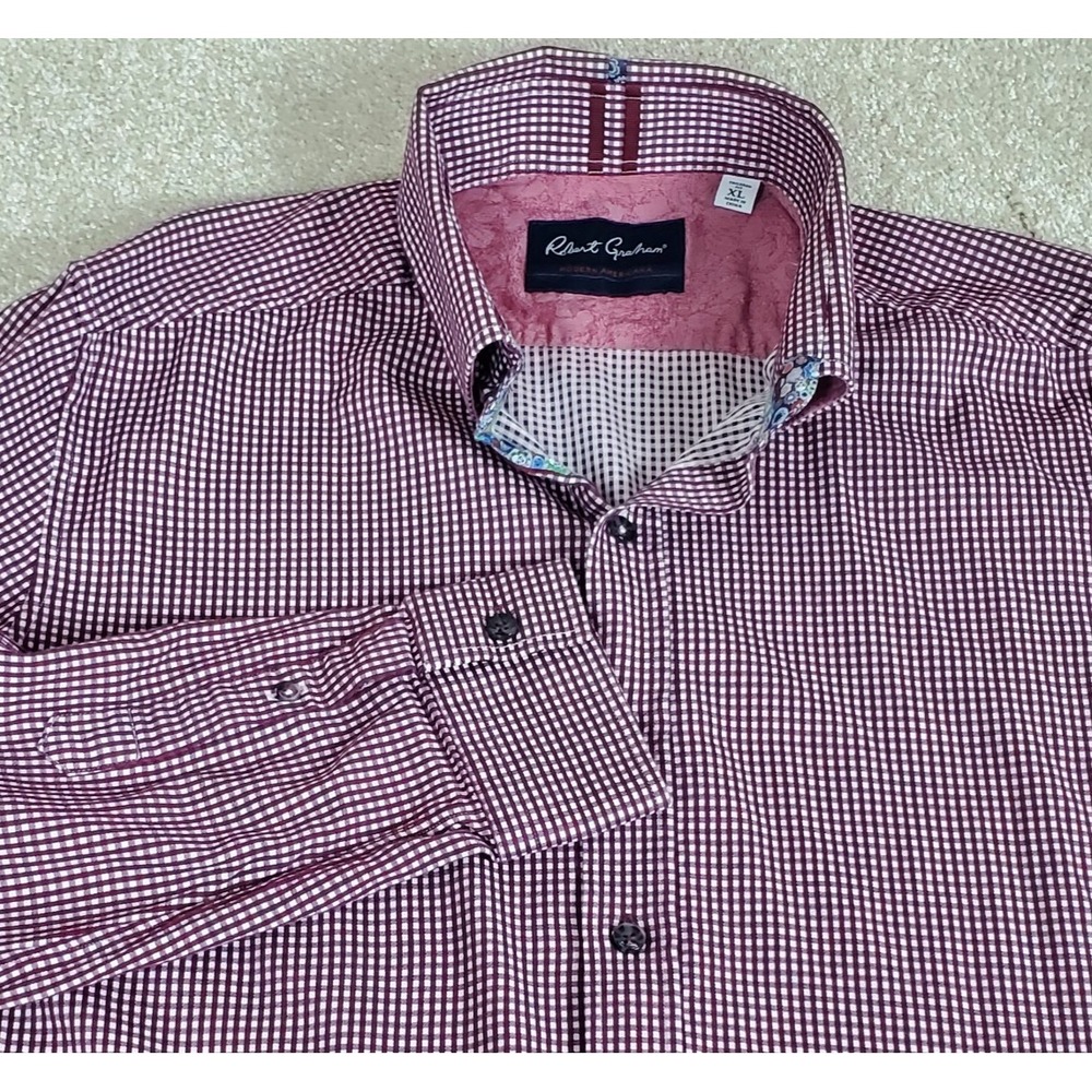 Robert Graham Men's Button Up Shirt XL Burgundy White Gingham Check Tailored Fit